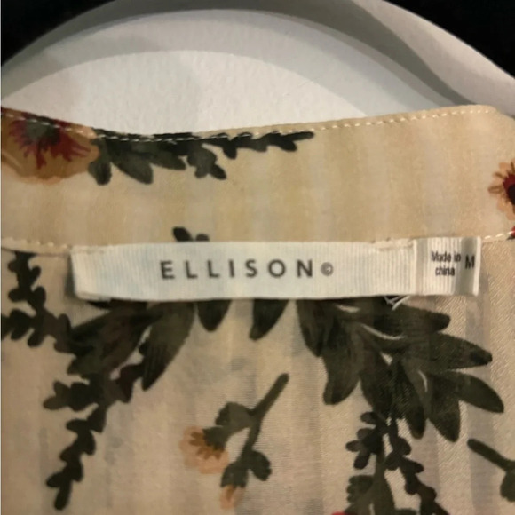 Ellison‎ Womens Medium Floral Blouse Tassel Ties Hidden Buttons Sheer Pinstripe - Picture 6 of 9